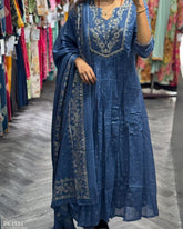 Elegant Indigo Embroidered Cotton Anarkali Set