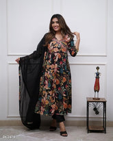 Elegant Black Floral Anarkali Cotton Suit with Sheer Dupatta