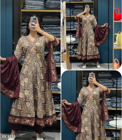 Graceful Wine Botanical Cotton Anarkali Set
