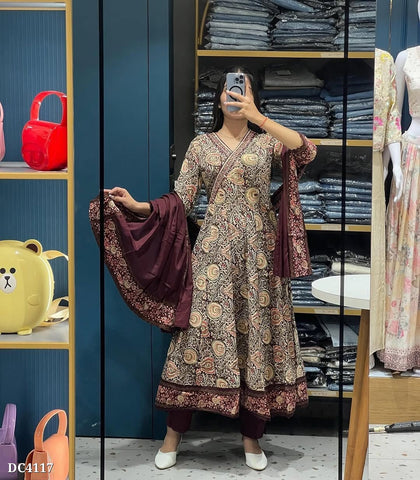 Graceful Wine Botanical Cotton Anarkali Set