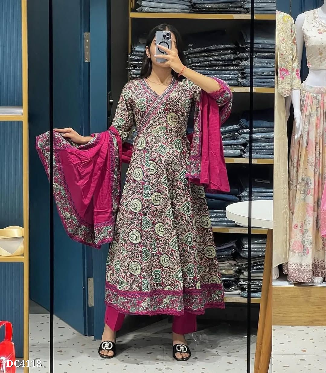 Bold Magenta Wrap-Style Anarkali Cotton Set with Artistic Boho Patterns
