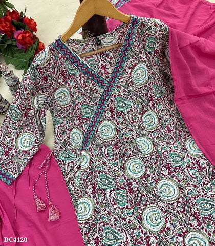 Bold Magenta Wrap-Style Anarkali Cotton Set with Artistic Boho Patterns