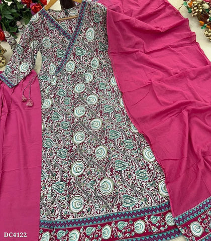 Bold Magenta Wrap-Style Anarkali Cotton Set with Artistic Boho Patterns