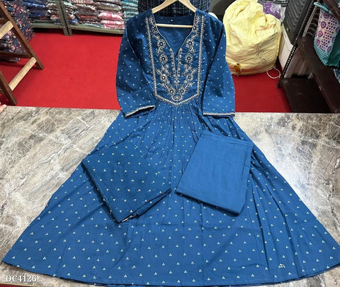 Elegant Indigo Embroidered Cotton Anarkali Set