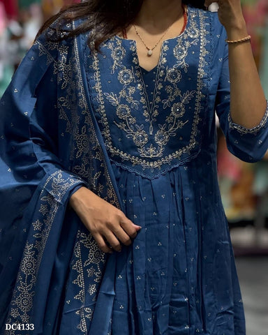 Elegant Indigo Embroidered Cotton Anarkali Set