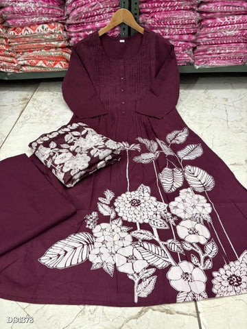 Sophisticated Wine Cotton Kurta Set with Ivory Floral