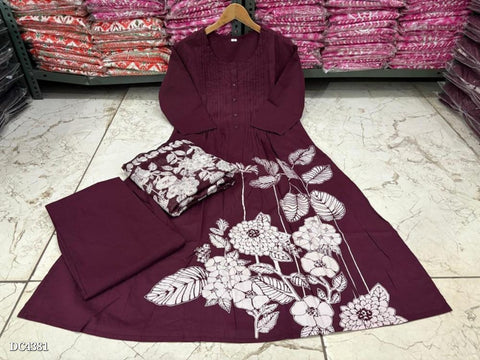 Sophisticated Wine Cotton Kurta Set with Ivory Floral