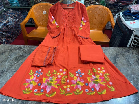 Chic Rust Orange Embroidered Cotton Set with Dupatta