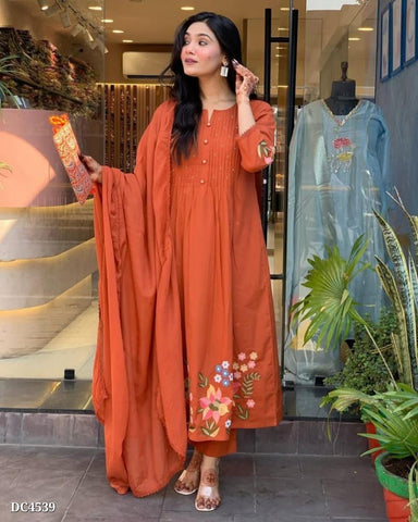 Chic Rust Orange Embroidered Cotton Set with Dupatta