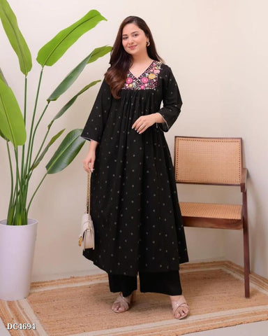 Black Hand-Embroidered Cotton Kurta Set