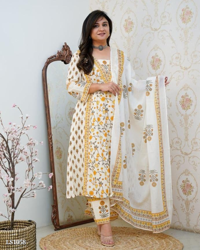 Chic Off-White & Mustard Anarkali Cotton Set with Mughal-Inspired Patterns