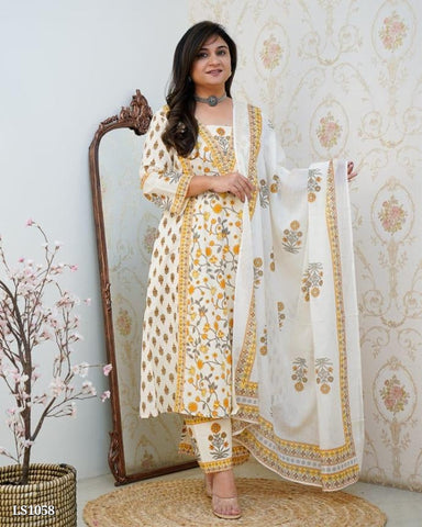 Chic Off-White & Mustard Anarkali Cotton Set with Mughal-Inspired Patterns