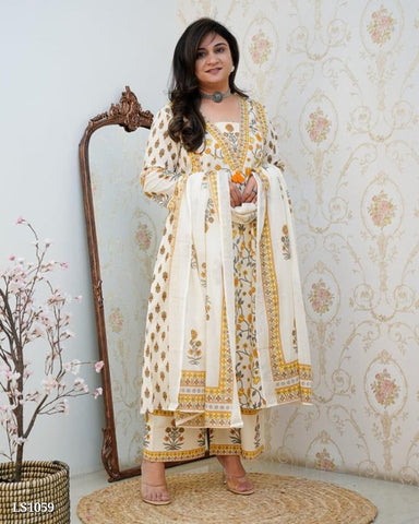 Chic Off-White & Mustard Anarkali Cotton Set with Mughal-Inspired Patterns