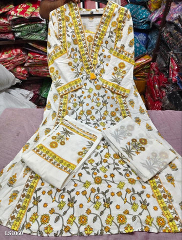 Chic Off-White & Mustard Anarkali Cotton Set with Mughal-Inspired Patterns