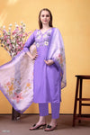 Graceful Lavender Cotton Suit with Floral Embroidered Neck