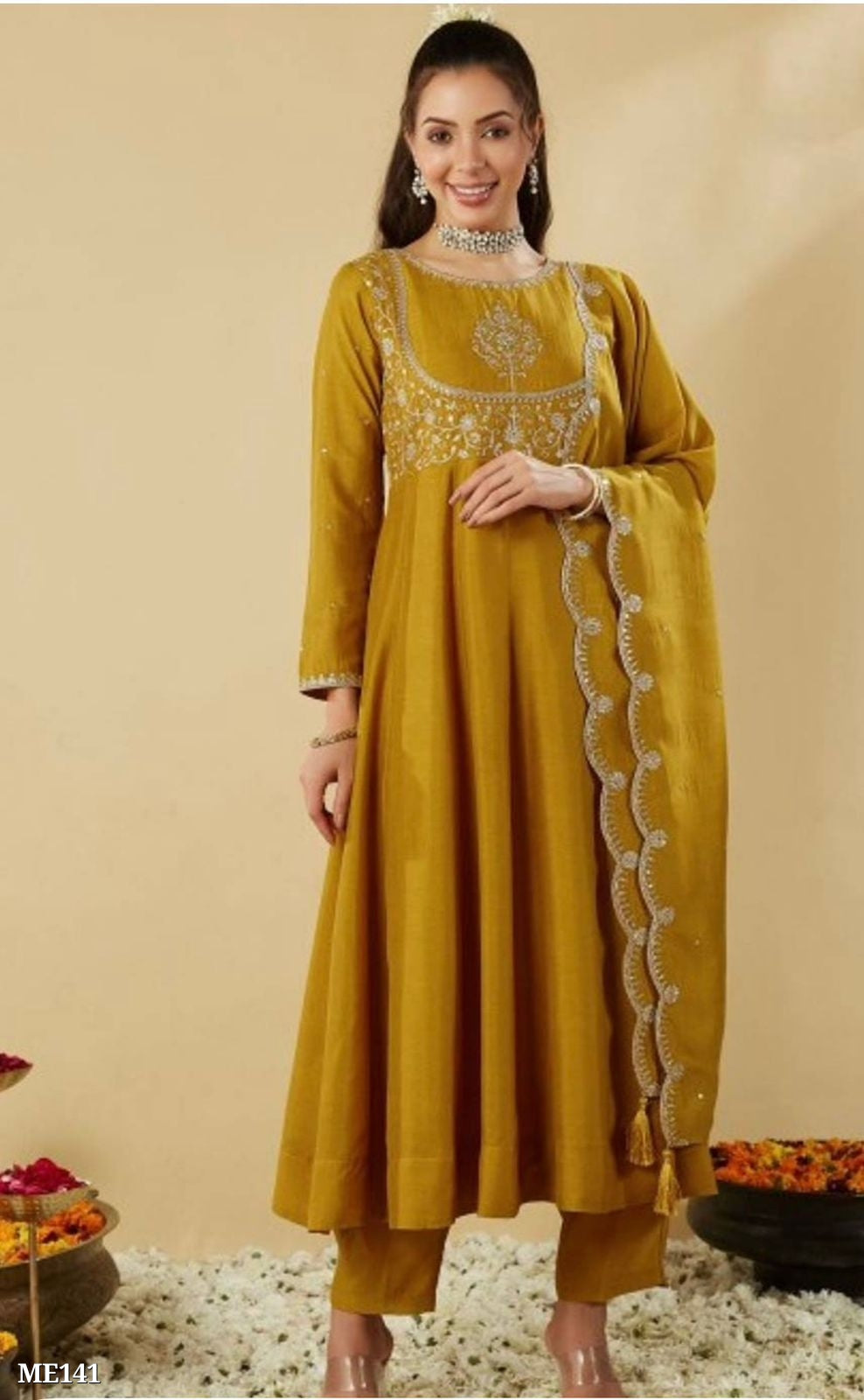 Mustard Yellow Embroidered Anarkali Suit Set